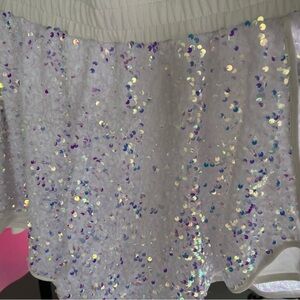 White iridescent sequin skirt, athletic shorts wide waist band so fun and cute